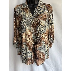 Emily Daniels Leopard Print Silver Button Down Top Size M 90s Mob Wife Sexy Hot